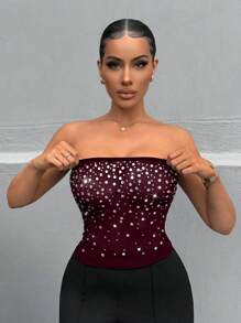 SHEIN SXY Plus Size Women Rhinestone Decor Bandeau Top, Minimalist Fashion, Suitable For Summer - Coffee Brown - View 6