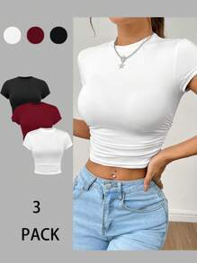 SHEIN PETITE Set de 3 piezas de camiseta de manga corta plisada para señoras de verano - Burdeos - Ver 3