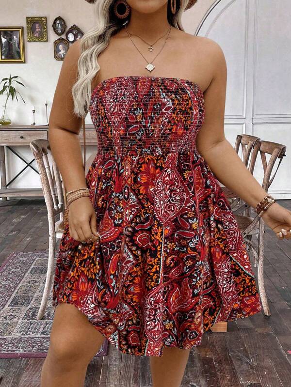 Breezaya Plus Size Casual Full Print Tube Top Dress