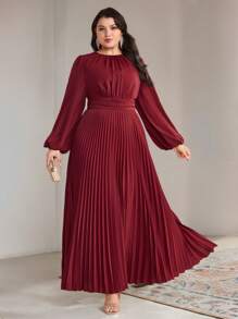 Veilorie 大码女式纯色圆领灯笼袖褶边阿拉伯风格连衣裙