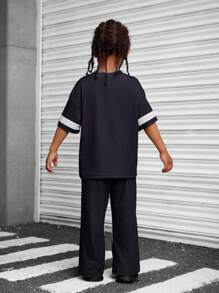 SHEIN 2pcs Boys Casual Outfit Set - Letter Graphic Round Neck Dropped Shoulder Tee And Pants