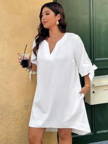 SHEIN Clasi Plus Size V Neck Tie Cuff Long Back Short Front Loose Casual Dress - White - View 5