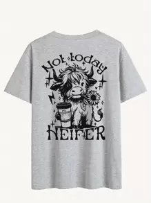 INAWLY Cow Floral Letter Print Round Neck Fashion Plus Size Women T-Shirt - Grey - View 2