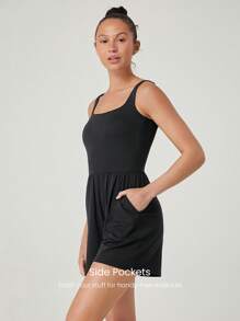 GLOWMODE 4.3 英寸莫代尔丝滑阔腿可调节紧身连体裤带侧袋日常休闲装可拆卸罩杯 - 黑色 - 查看 3