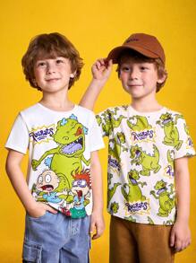 Nick 90s | SHEIN 年轻男孩恐龙印花白色休闲百搭短袖 T 恤 - 彩色 - 查看 2
