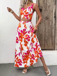 Breezaya Set de 2 piezas de camiseta corta y minifalda con estampado de plantas, conjunto de vacaciones para mujer