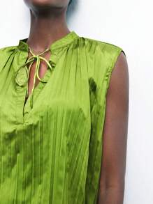 Maija Women's Green Satin Pleated Design Spring Summer Attire, Contemporary Resort Boho Chic Versatile Relaxed Fit With Slight Stretch, Loose Dolman Long Sleeve Mock Neck With Bowknot Neck Decoration, Suitable For Business Casual, Concerts, Cruises - Elegant, Sophisticated, Romantic, Effortless High-End Look - Green - View 2