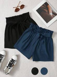 Chiquease 2 件纯色高腰纸袋抽绳休闲短裤，适合通勤和度假 - 藏蓝色 - 查看 3