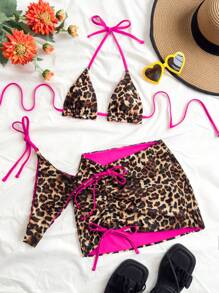 Soleia Set de 3 piezas de bikini para mujer con estampado de leopardo y color rojo, ideal para vacaciones