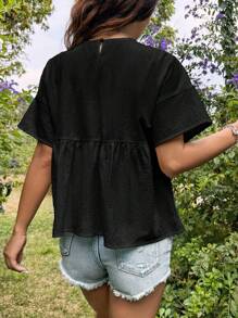 SHEIN EZwear Women's Solid Color Simple Daily Ruffle Hem Top - Black - View 2