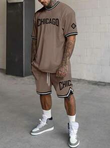 Manfinity Homme Conjunto de shorts de baloncesto y camiseta, simple y de moda, adecuado para verano, juego de 2 piezas para hombres