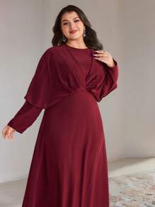 Veilorie Plus Size Women Solid Color Batwing Sleeve Round Neck Elegant Arabic Long Dress - Burgundy - View 1