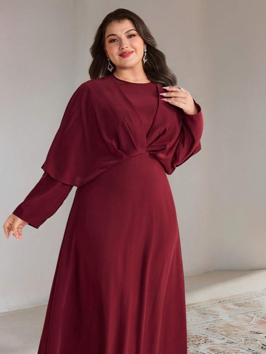 Veilorie Plus Size Women Solid Color Batwing Sleeve Round Neck Elegant Arabic Long Dress - Burgundy - View 1