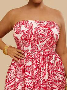 Travachic Tropical Plus Size Casual Vacation Red Floral Print Tube Top Mini Beach Dress,Beach Dress Sundress,Holiday Outfits Boho