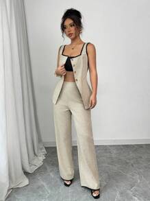 SHEIN PETITE 2pcs/Set Women Spring/Summer Casual Commuter Minimalist Style Contrast Color Patchwork Blouse And Pants Set - Apricot - View 5