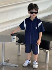 SHEIN X JIMENA & MATEO 2pcs Young Boy Casual Daily Versatile Loose Comfortable Contrast Color Short Sleeve Jacket & Shorts Set, Sports Suit