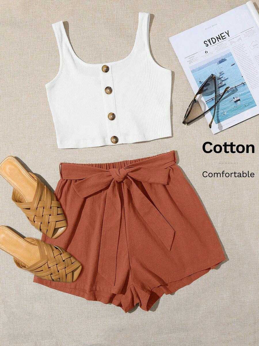 SHEIN VCAY Single Breasted Rib-knit Tank Top & Belted Shorts Set - Multicolor - View 1