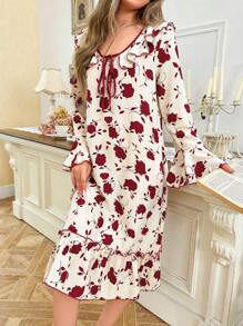 CottageSlumber Floral Print Ruffle Collar Tie Front Women's Nightgown - Multicolor - View 3