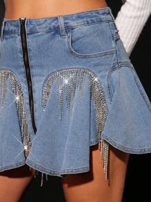 Denimoi 水钻流苏前拉链斜口袋牛仔迷你裙