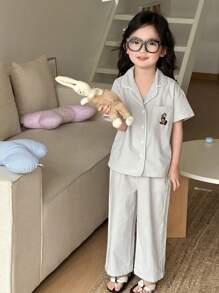 DAZY Young Girl Plaid Short Sleeve Top And Long Pants Pajama Set, Spring/Summer - Grey - View 1