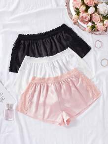 3pcs Set Faux Silk Lace Trim Shorts - Multicolor - View 4