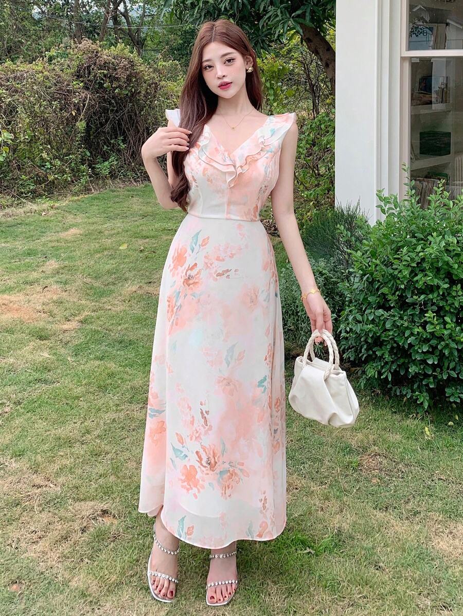 DAZY Floral Ruffle Trim Split Mid-Length Dress For Women Maxi Dress Vacation Outfits Women - Orange - View 1