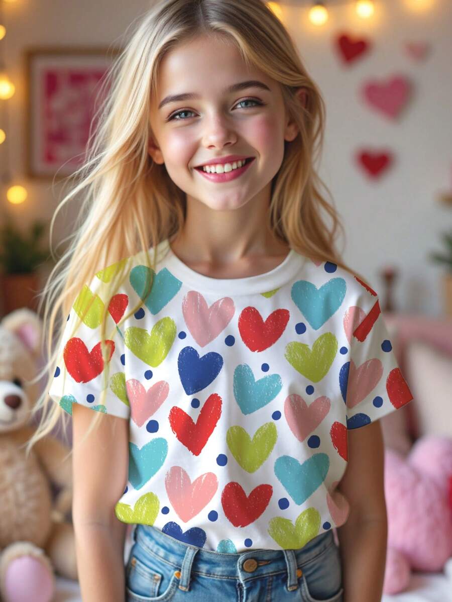 SHEIN Tween Girls Casual Minimalist Short Sleeve Round Neck T-Shirt, Suitable For Summer - White - View 1