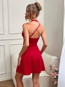 SHEIN VCAY Solid Color Knit Halter Three-Dimensional Flower Decoration Backless Elegant Mini Dress For Women - Red - View 2
