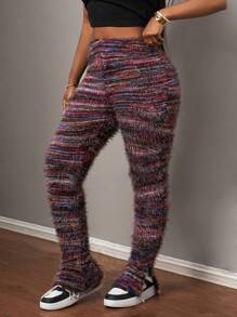 Slaydiva Pantalones de pierna acampanada con cintura elástica y tejido texturizado con abertura lateral, de uso casual en el hogar