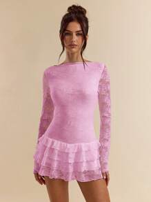 SHEIN BAE 女士纯色优雅花卉蕾丝长袖分层荷叶边下摆迷你连衣裙，适合夜间外出、俱乐部、生日派对、情人节 - 淺粉色 - 查看 5