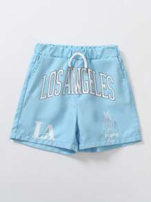 SHEIN Young Boy Casual Letter Print Sports Shorts, Fashionable Pattern, Comfortable Soft Fabric, Suitable For School, Outdoor And Indoor Wear, Summer