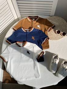 SHEIN 3件装男童撞色肩条纹印花Polo衫，适合度假、郊游和上学穿着 - 彩色 - 查看 6