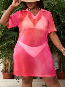 SHEIN Swim Curve Plus Size Women Solid Color Short Sleeve Smock Top For Summer Beach Vacation - Red - View 1