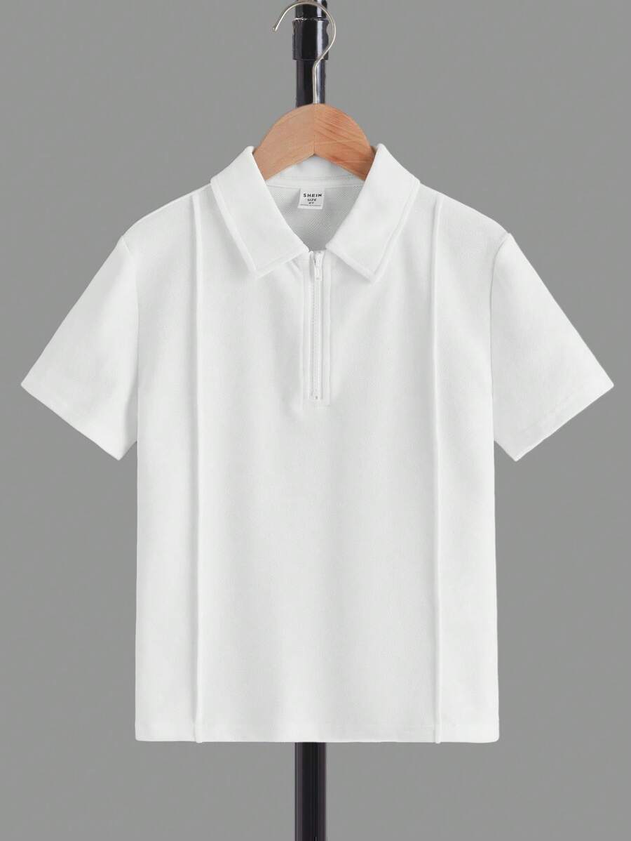 SHEIN Tween Boy 1/4 Zip Solid Color Rib Panel Casual Lightweight Polo Shirt, Daily Wear For Summer - White - View 1