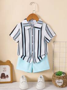 SHEIN 2pcs/Set Young Boy Casual Short Sleeve Shirt And Shorts Set, Minimalist Style Suitable For Summer - Blue - View 1