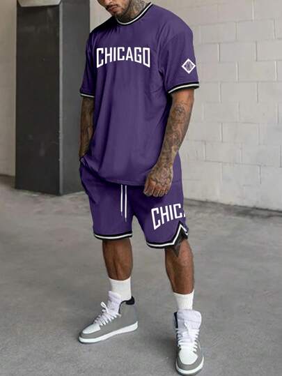 Manfinity Homme Men's Letter Print Short Sleeve T-Shirt And Drawstring Waist Shorts Casual Suit Men Two Pieces Sets