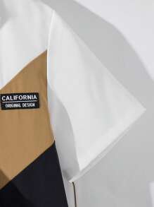 2pcs/Set Tween Boy Casual Patchwork Contrast Color Short Sleeve Stand Collar Shirt And Elastic Waist Pocket Shorts Outfit, Suitable For Autumn, Spring, Summer, Outdoor Play, School, Street Style, Party, And Leisure - Multicolor - View 10