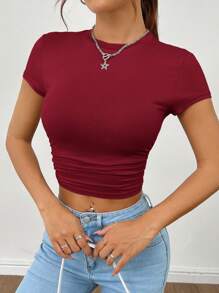 SHEIN PETITE Set de 3 piezas de camiseta de manga corta plisada para señoras de verano - Burdeos - Ver 9