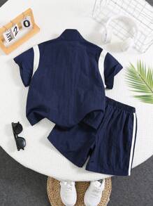 SHEIN X JIMENA & MATEO 2pcs Young Boy Casual Daily Versatile Loose Comfortable Contrast Color Short Sleeve Jacket & Shorts Set, Sports Suit