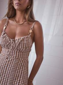 Aralina Vestido corto de verano con corpiño tipo corsé, tiras delanteras y correa con estampado de cuadros