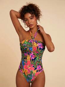 Travachic Tropical Print Halter One-Piece Swimsuit For Vacation Beach - Navy Blue - View 1
