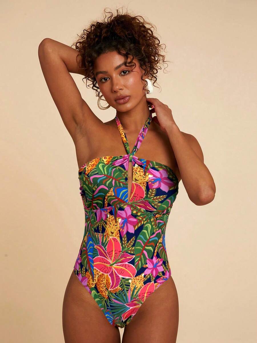Travachic Tropical Print Halter One-Piece Swimsuit For Vacation Beach - Navy Blue - View 1
