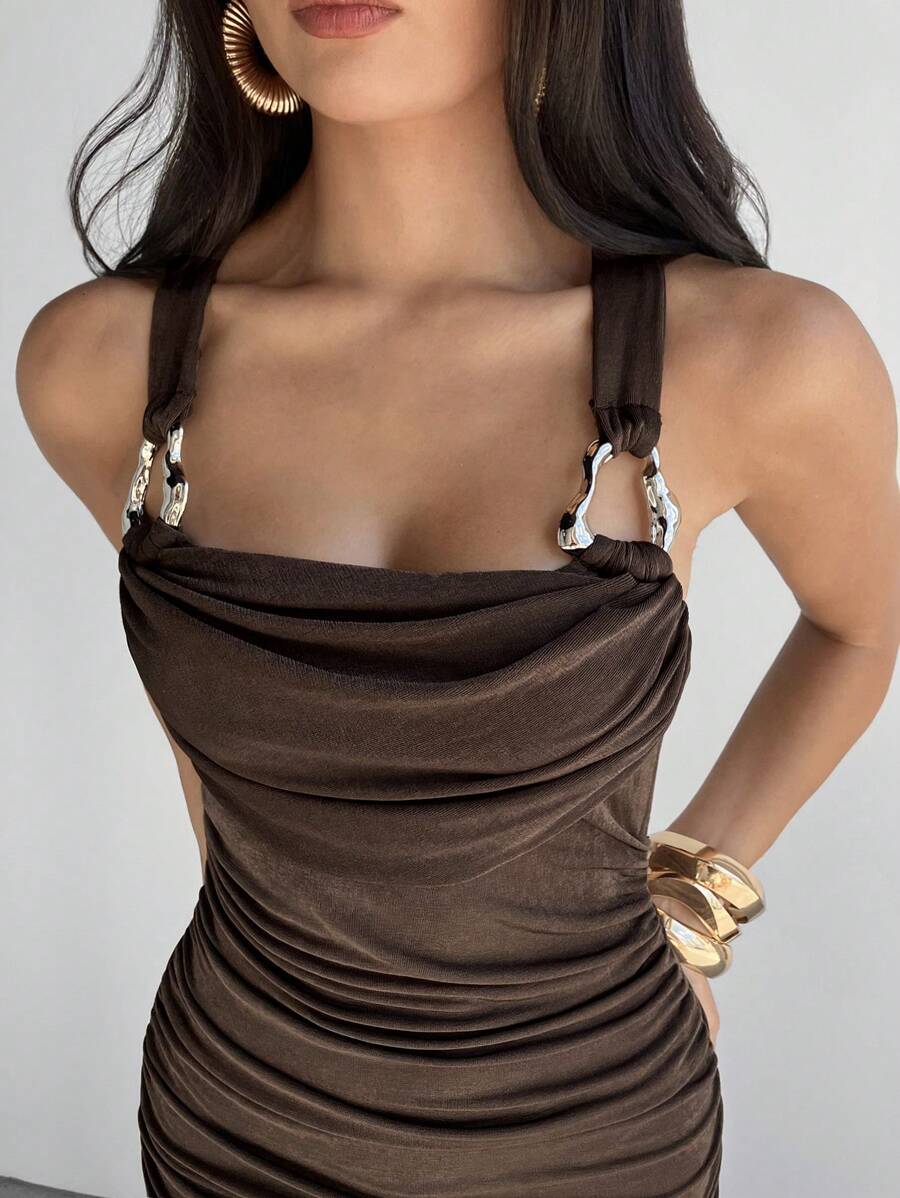 Aloruh Women's Tight-Fitting Lace Hollow Cutout Floral Print Brown Metal Buckle Maxi Dress With High Slit, Suitable For Spring/Summer Vacation