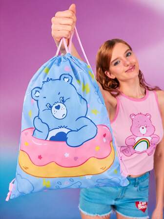 SHEIN X Care Bears 1 Stück süßer Cartoon Bär & Herz-bedruckter Polyester Kordelzug Rucksack, Fitnesstasche, Rucksack, Freizeittasche, Reisetasche, Sport Strandtasche, geeignet für Männer und Frauen, Freundschaft, perfekt passend zu Rucksack-Accessoires, Preppy Schulrucksack