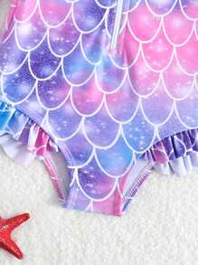 SHEIN Baby Girls 1-Piece Swimsuit With Random Print And Ruffle Trim (Includes Swimming Cap) - Multicolor - View 3