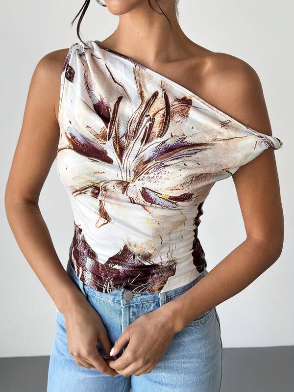 Firerie Bluză de damă cu imprimeu floral asimetric, ocazional, elegantă, cu gât asimetric, decolteu oblic, potrivită pentru navetă/elegant/sexy/vacanță/plajă/romantic/întâlnire/ziua Îndrăgostiților/festival de muzică/sezon de întoarcere la școală
