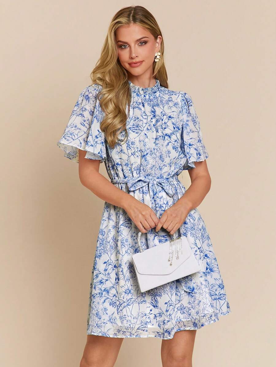 Amorya Women Elegant Floral Allover Print Short Sleeve Dress