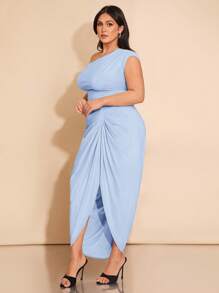 SHEIN BAE Abito midi da donna taglie forti, elegante, per appuntamenti e feste, in maglia nera elasticizzata, con dettagli arricciati, spalle scoperte, drappeggiato, orlo asimmetrico e spacco, adatto per compleanni e occasioni speciali - celeste - Visualizzare 6