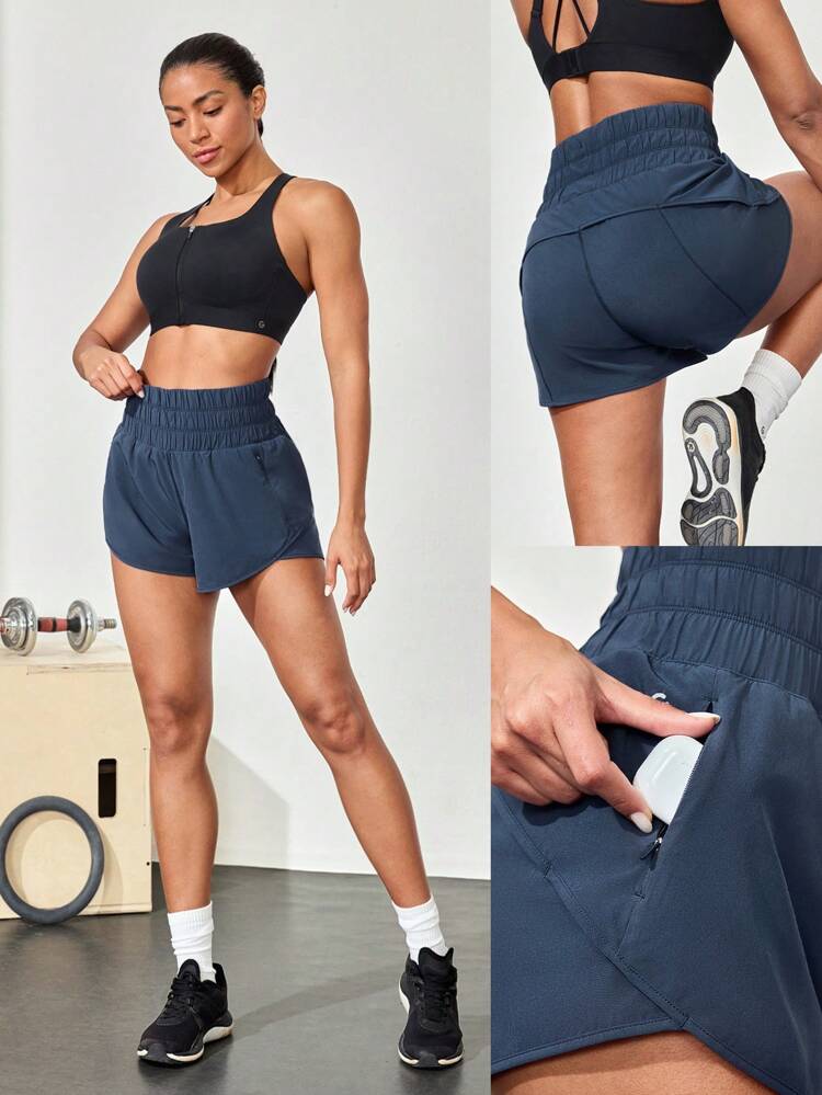 VitalSwift Ultra High-Rise Elastic Waist Ventilated Back Adjustable Drawstring Sports Shorts With Built-In Shorts Medium Impact Running Jogging Training Gym Workout