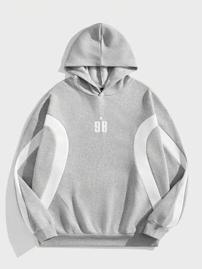 NEON BLANC 男女通用宽松针织拼布插肩袖数码图案印花连帽衫，适合秋冬季节